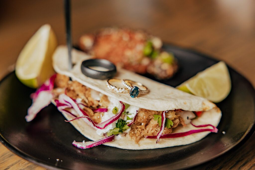 Close up of wedding rings on tacos from Citizen Crust in Foxboro, Massachusetts.
