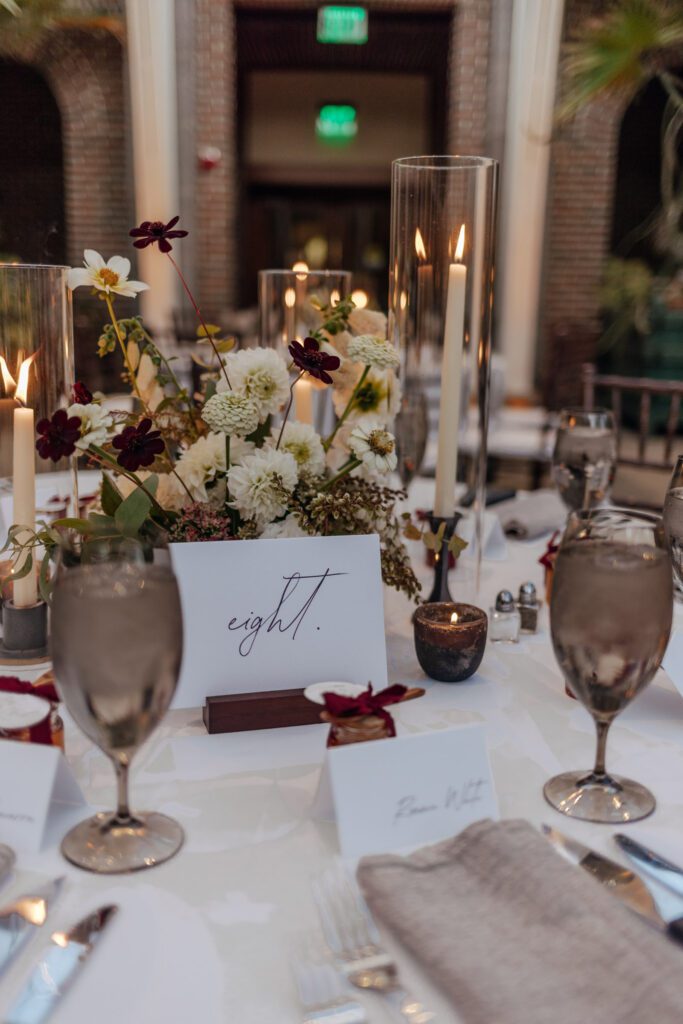 Close up of table decoration for greenhouse wedding reception at Tower Hill in Boylston, Massachusetts.