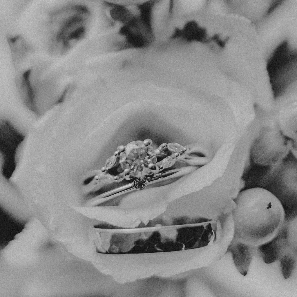 Close up of wedding rings inside of a flower at Roger Williams Botanical Garden Park in Providence, Rhode Island.
